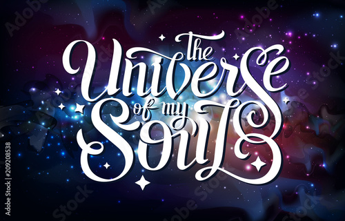 Lettering. typography design on Abstract open space background. Starfield, universe, nebula in galaxy. Vector illustration