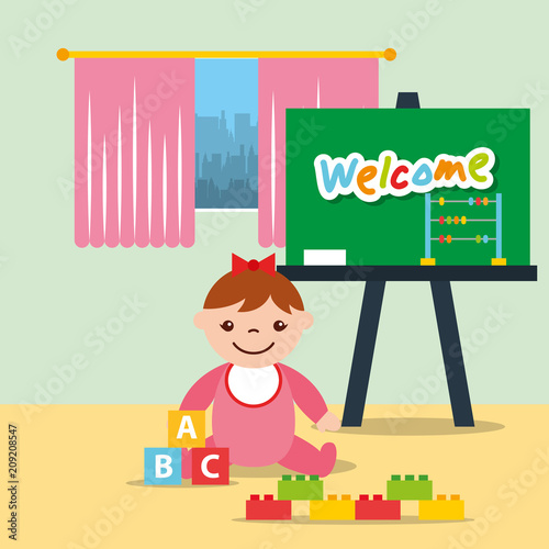 little girl classroom kinder chalkboard and blocks alphabet vector illustration