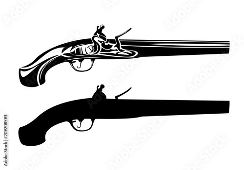 vintage flintlock pistol black and white vector design - antique gun outline and silhouette photo