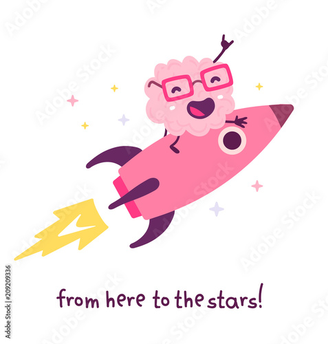 Vector illustration of pink color smile brain with glasses flying on a rocket to star on white background. Doodle style. Business startup cartoon brain concept.