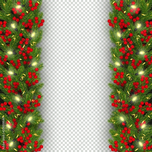 Christmas and New Year banner of realistic branches of Christmas tree, garland with glowing lightbulbs, holly berries, serpentine