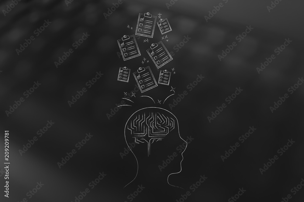 head profil with brain icon and to do lists going in or out of it