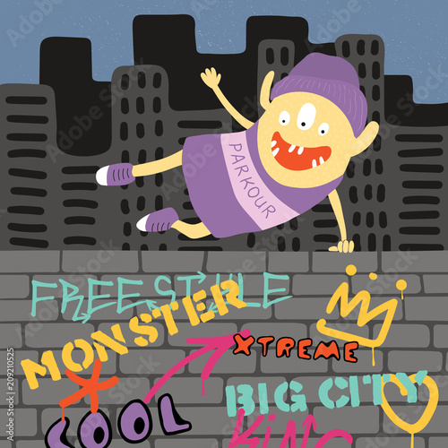 Hand drawn vector illustration of a cute funny parkour monster jumping over the wall with graffiti, with city skyline in the background. Isolated objects. Concept for children print.