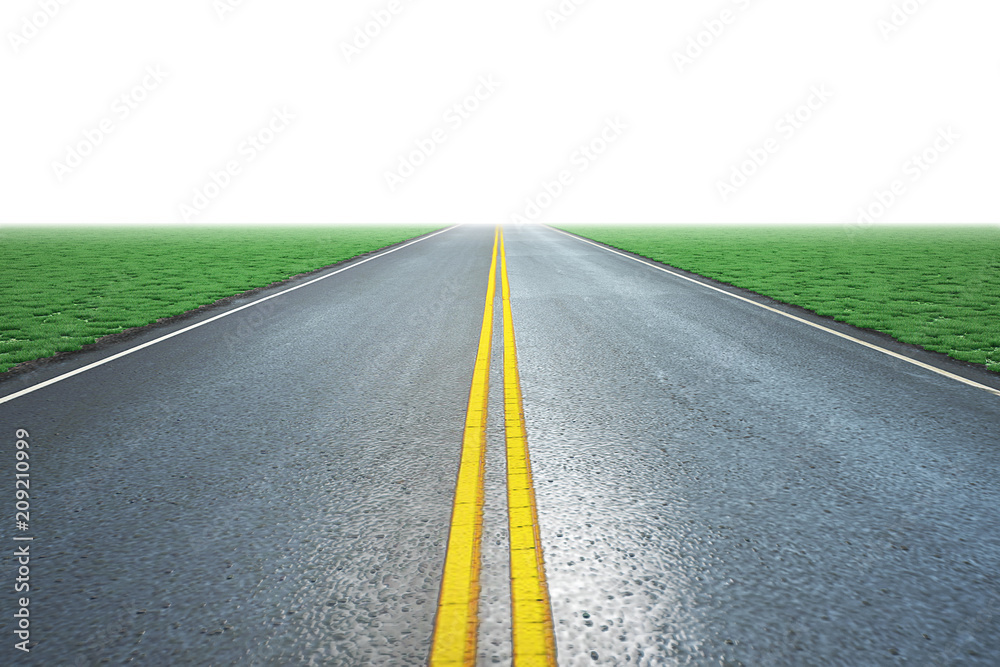 Obraz premium Asphalt road and the green grass field 3D rendering