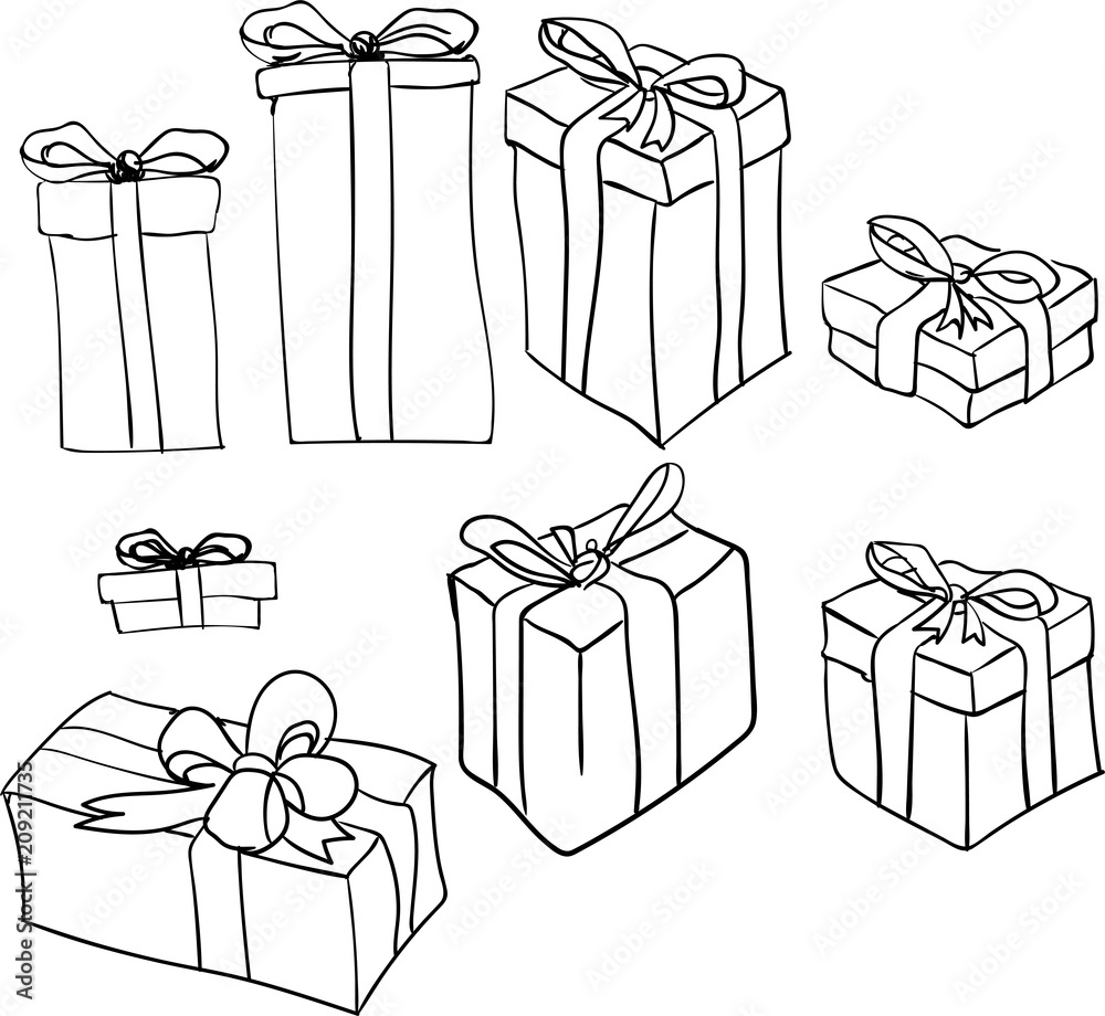 Decorative gift boxes sketch on white. vector de Stock | Adobe Stock