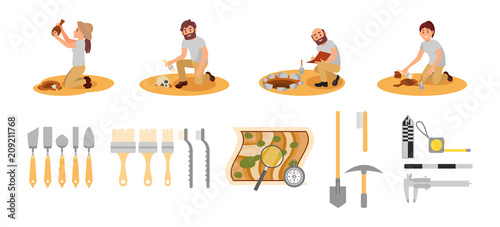 Flat vector set of archaeologists and tools. People working on excavations. Measuring devices, map with magnifying glass, handle instruments