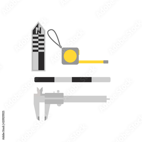 Flat vector set of tools for archaeological excavations. Measuring devices centimeter photographic scales, roulette and calipers