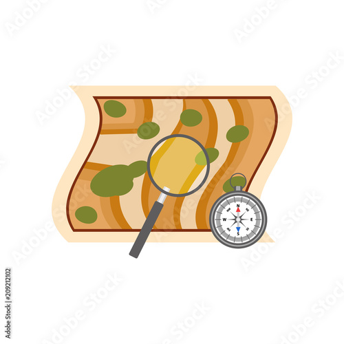 Map with magnifying glass showing place for archaeological excavation and compass. Archeology symbols. Flat vector design