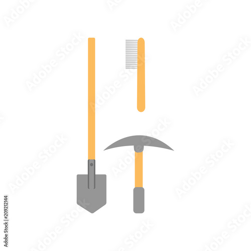 Flat vector icon of shovel, brush and pickaxe. Working instruments with wooden handles. Set of tools for archaeological excavations