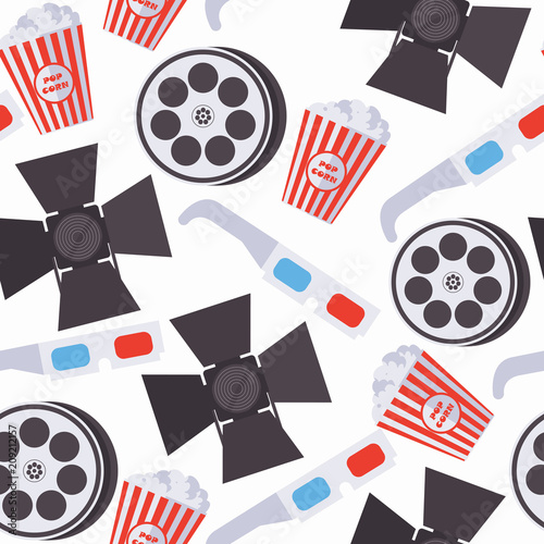 Seamless pattern with cinema accessories as 3d glasses, film bobbin, popcorn basket, spotlight on white background. Repeat design for wrapping paper and decoration
