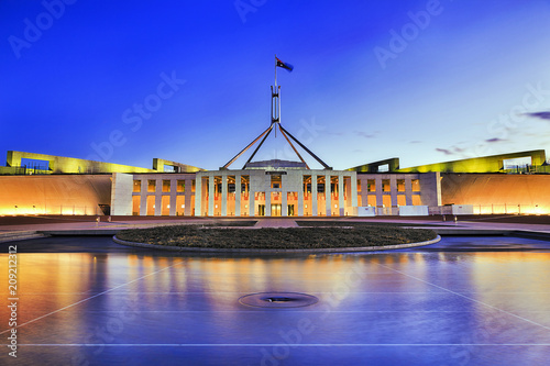 Canberra Parliament Pool Reflection at sunset - public building with free access. photo