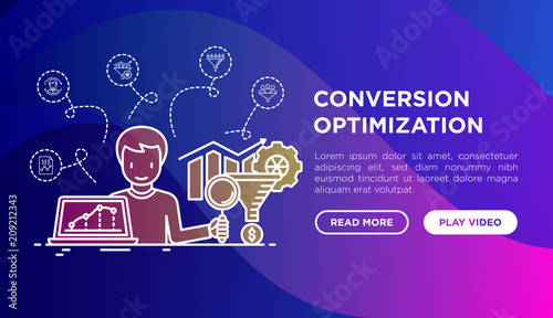 Conversion optimization concept, SMM manager with magnifier looking at sales funnel to improve amount of visitors. Modern vector illustration, web page template on gradient background.