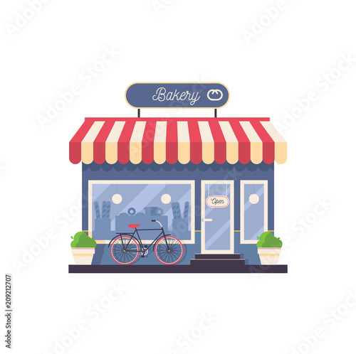 Isolated on white vector bakery shop storefront. Facade with greenery, bike, with striped rooftop and wilh silhouettes of baking in window