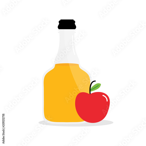 Vector cartoon illustration of apple cider vinegar in glass bottle with apple fruit.