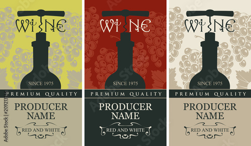 Vector set of three labels for red and white wine with a bottle of wine and a corkscrew in retro style