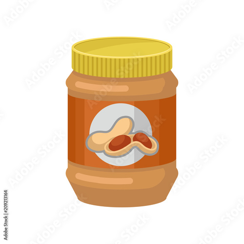 Natural peanut butter in transparent glass jar with label and yellow lid. Healthy nutrition. Flat vector element for promo banner or poster