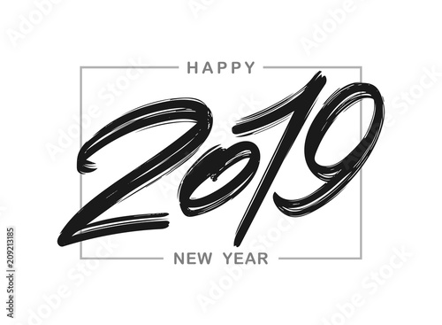 Vector illustration: Handwritten brush ink lettering of 2019 in frame. Happy New Year