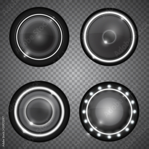 Realistic round glass lamp or car headlight isolated on transparent background. Vector 3d illustration.
