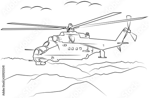 military helicopter flying among the mountains drawn in black outline