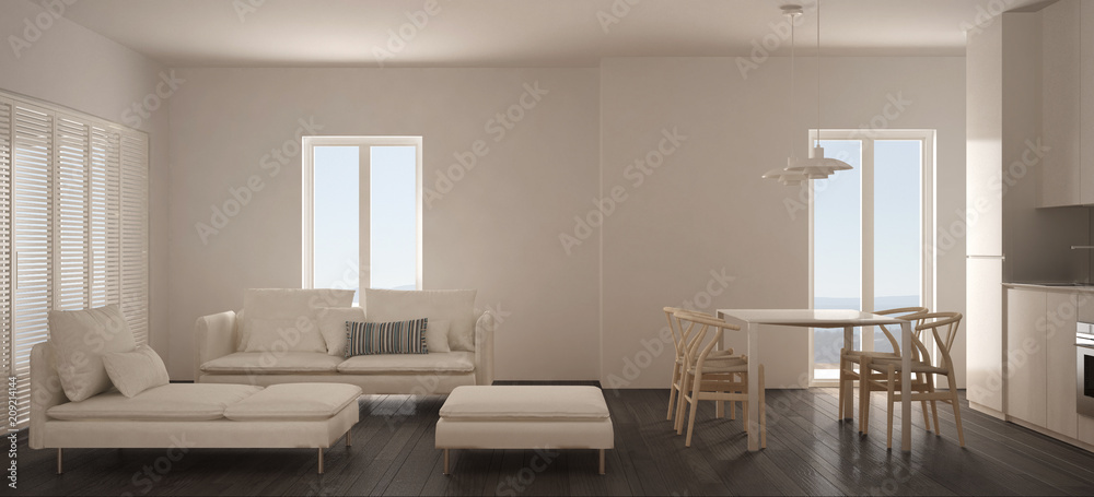 Fototapeta premium Minimalist scandinavian living room with kitchen and dining table, sofa, pouf and chaise longue, panoramic window, contemporary white and gray interior design