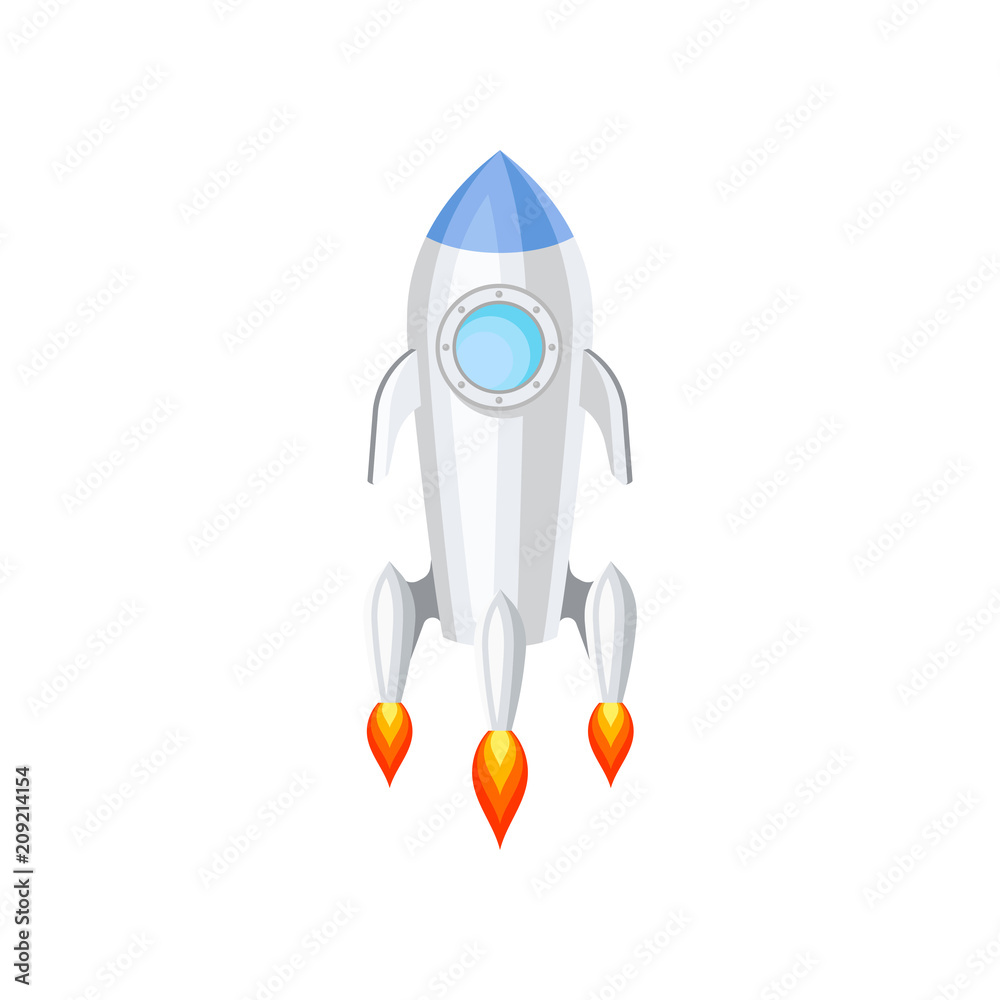 Flat vector icon of space rocket with engine fire. Large spacecraft with blue round window. Spaceship for traveling through universe Flat vector icon of space rocket with engine fire. Large spacecraft with blue round window. Spaceship for traveling through universe