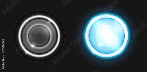 Realistic round glass lamp or car headlight isolated on black background. Vector 3d illustration.