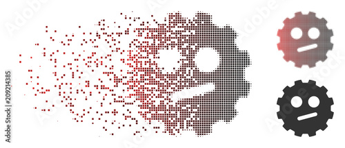 Vector indifferent smiley gear icon in dissolved, pixelated halftone and undamaged whole versions. Disintegration effect involves rectangular particles and horizontal gradient from red to black.
