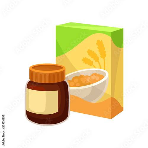 Cardboard box of corn flakes and jar of chocolate peanut butter. Tasty and healthy breakfast. Flat vector icons of supermarket products