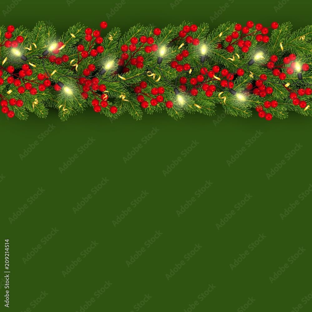 Christmas and New Year banner template with horizontal border of realistic branches of Christmas tree and holly berries