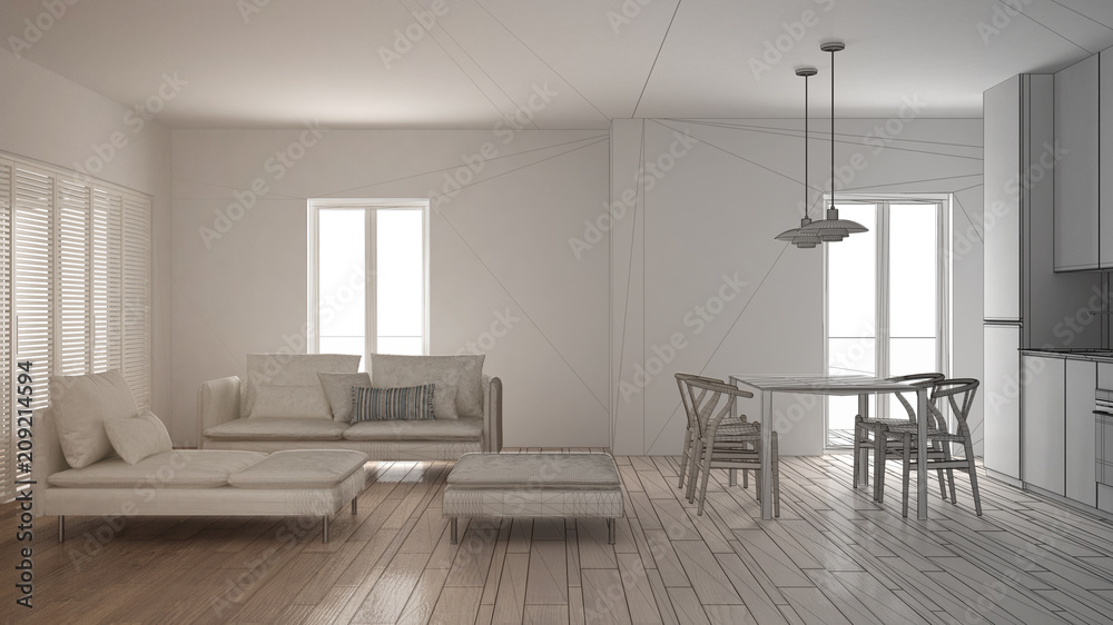 Fototapeta premium Unfinished project of modern clean living room with kitchen and dining table, sofa, pouf and chaise longue, minimal interior design