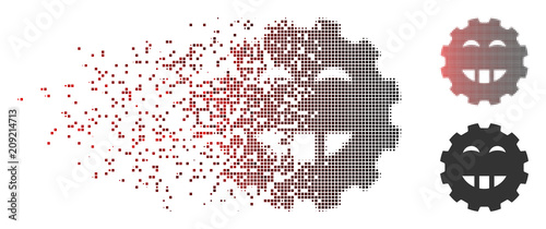 Vector laugth smiley gear icon in dissolved, pixelated halftone and undamaged whole versions. Disappearing effect uses rectangular dots and horizontal gradient from red to black. photo