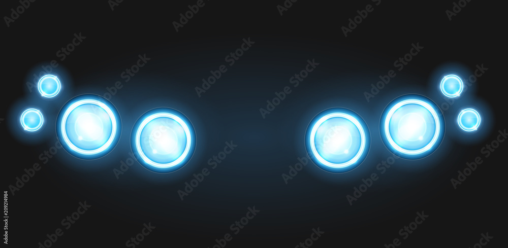 Realistic round glass lamp or car headlight isolated on black background. Vector 3d illustration. - obrazy, fototapety, plakaty 
