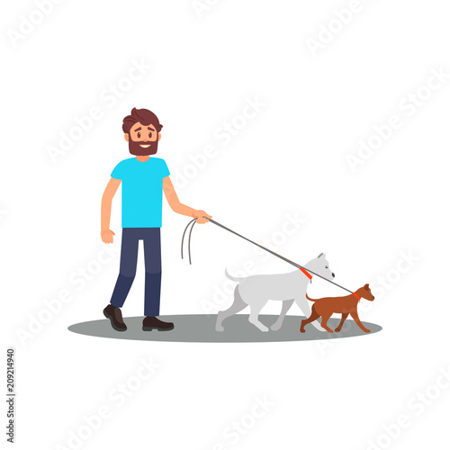 Young smiling man walking with dogs. Social worker. Volunteer at work. Isolated flat vector design