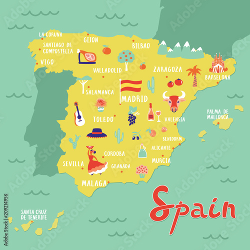 Vector map of Spain with  landmarks, people, food and plants. Travel map.