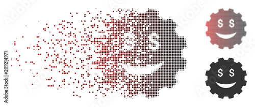 Vector millionaire smiley gear icon in fractured, pixelated halftone and undamaged whole variants. Disappearing effect uses rectangle scintillas and horizontal gradient from red to black.