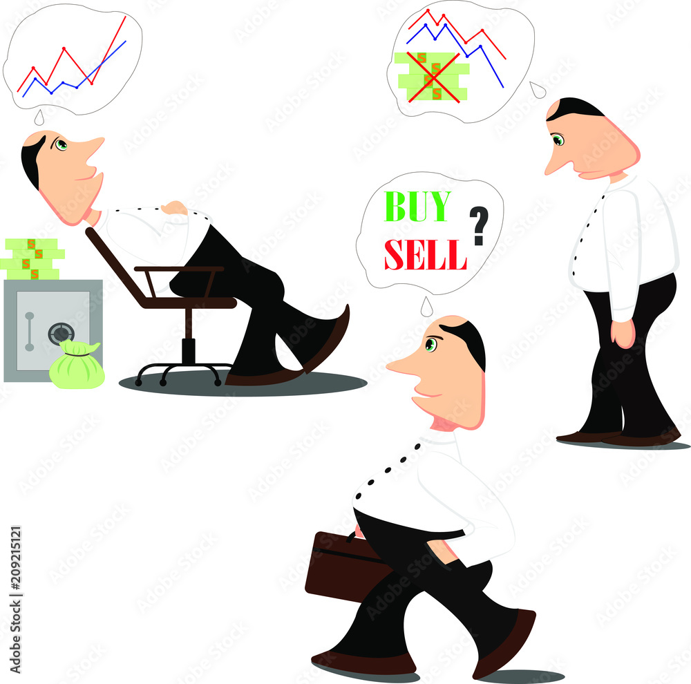 Doubtful stock exchange market trader analyzing index candlestick graph  deciding to buy or sell shares or equity. Financial market businessman.  Flat style vector illustration Stock Vector | Adobe Stock