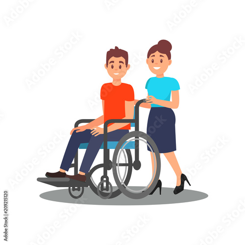 Girl volunteer helping guy with physical disabilities. Young man in wheelchair and cheerful social worker. Flat vector design