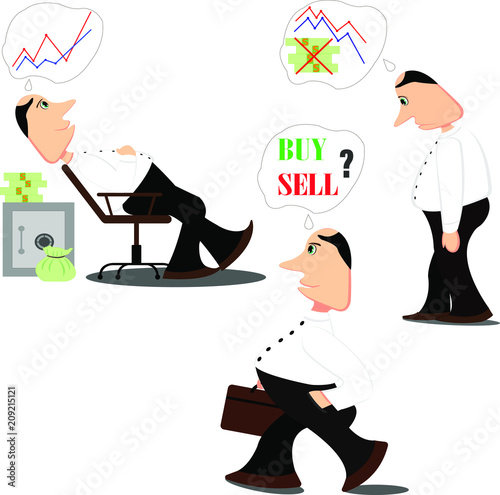 Doubtful stock exchange market trader analyzing index candlestick graph deciding to buy or sell shares or equity.  Financial market businessman. Flat style vector illustration