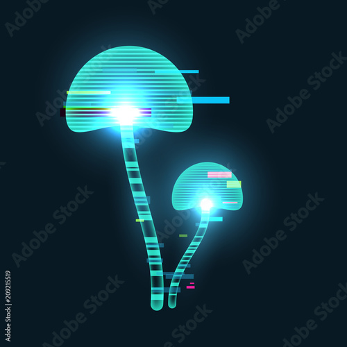 Futuristic digital vector 3d hologram mushroom on black background. Modern illustration in tv glitch distorted style.