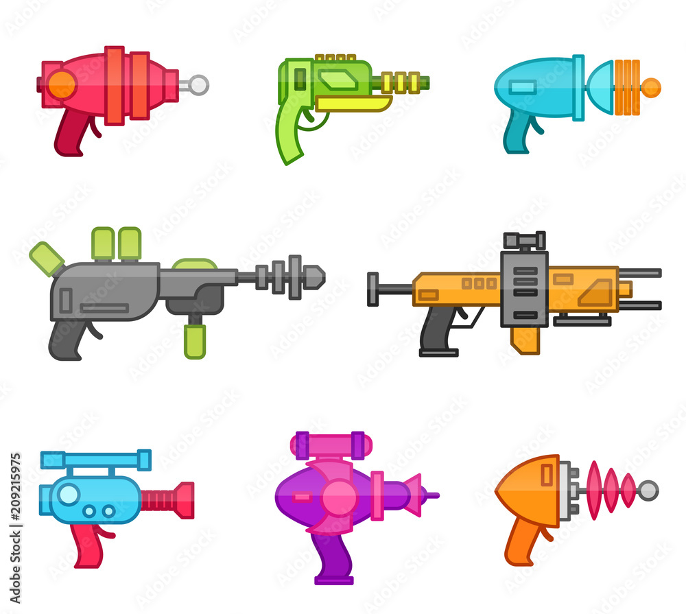 Set of futuristic space weapons , ray guns or laser blasters in cartoon retro style. Vector illustration isolated on white background. Set of futuristic space weapons , ray guns or laser blasters in cartoon retro style. Vector illustration isolated on white background.