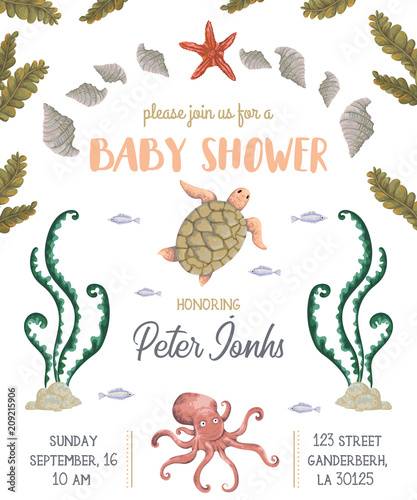 Baby shower invitation with sea plants, corals, seaweed, stones and animals. Hand drawn marine flora and fauna in watercolor style. Cute cartoon characters. Vector illustration