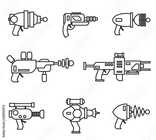 Set of futuristic space weapons , ray guns or laser blasters in cartoon retro style. Vector illustration isolated on white background.