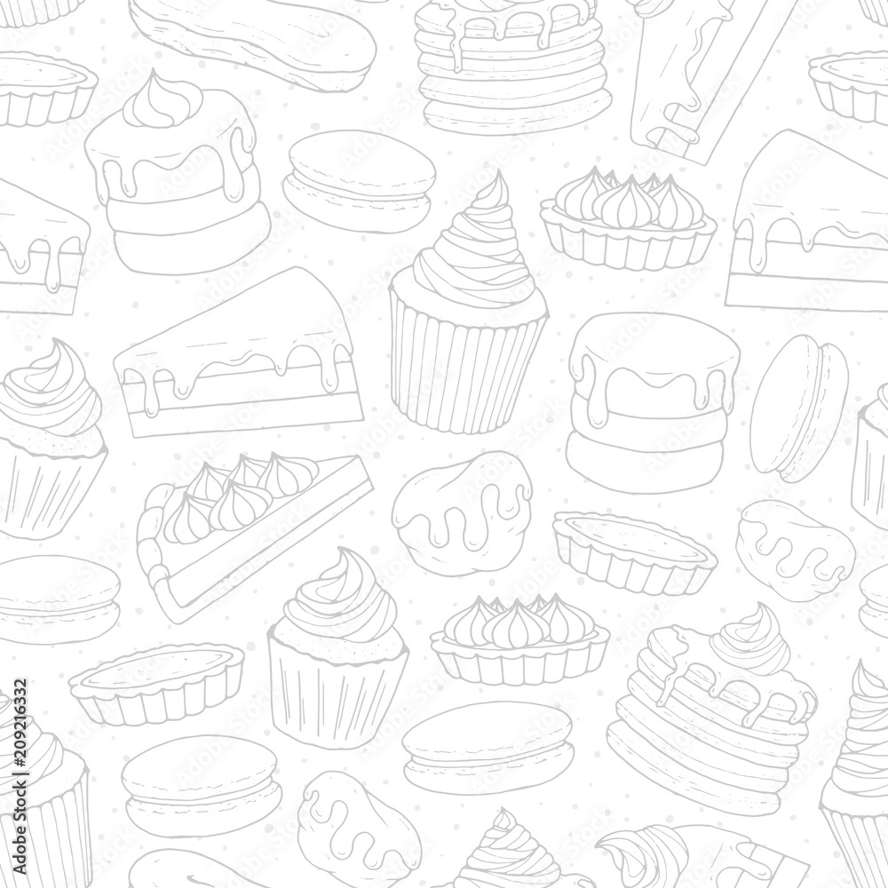 Vector pastry repeat pattern with cakes, pies, muffins, pancakes, macarons and eclairs outline on the dotted background. Hand drawn sweet bakery in sketch style.