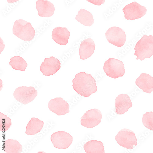 Hand painted pink watercolor blots and spots seamless pattern on the white background. Vector artistic textures for your design.