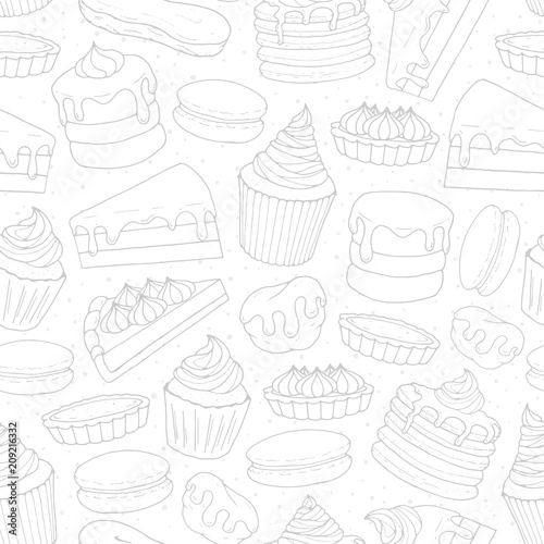 Vector pastry repeat pattern with cakes, pies, muffins, pancakes, macarons and eclairs outline on the dotted background. Hand drawn sweet bakery in sketch style.