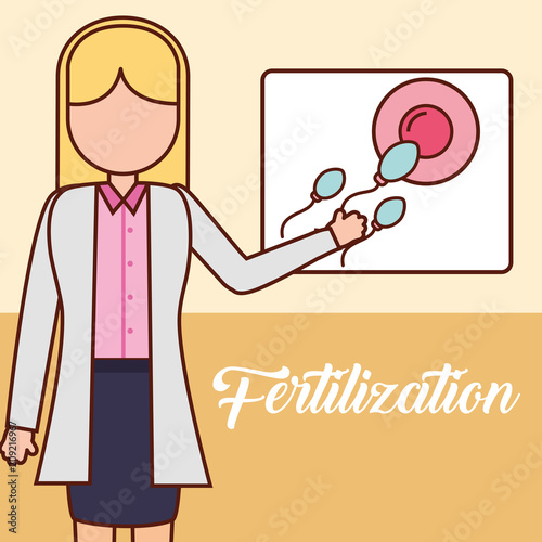 pregnancy fertilization doctor pointed board ovum with spermatozoon fetal monitoring vector illustration