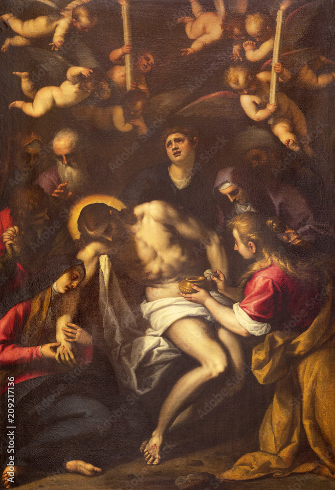REGGIO EMILIA, ITALY - APRIL 12, 2018: The painting of Deposition (Pieta) in Duom by Jacopo Negretti (Palma il Giovane 1548-1628).