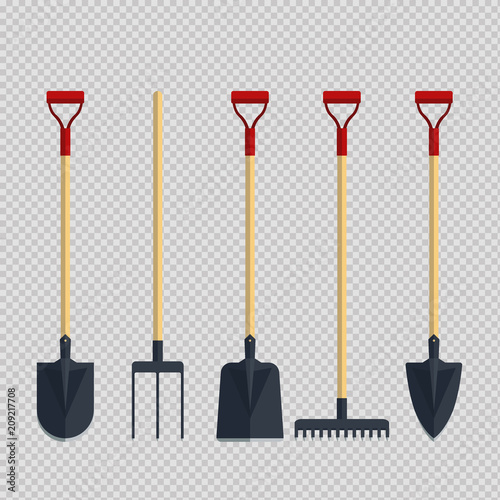 Set pitchfork shovel spade rake flat tool icon logo vector illustration. Farming equipment. Garden instruments on transparent background.