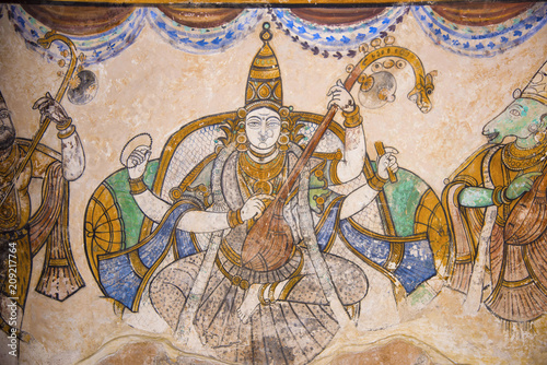 Nayaka painting of Saraswati on the inside wall of the northern cloister mandappa. Brihadishvara Temple, Thanjavur, Tamil Nadu photo