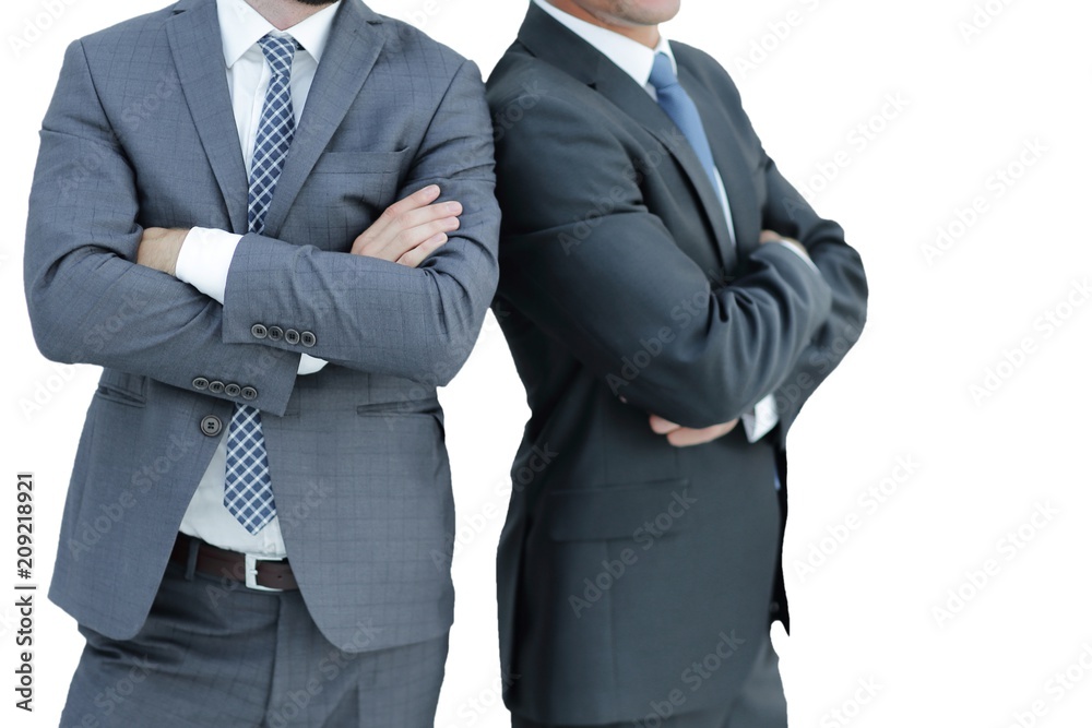 close-up of two businessmen standing side by side close-up of two businessmen standing side by side